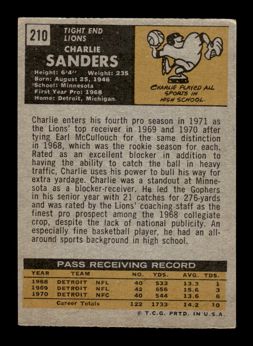 1971 Topps #210 Charlie Sanders Very Good HOF-10002553