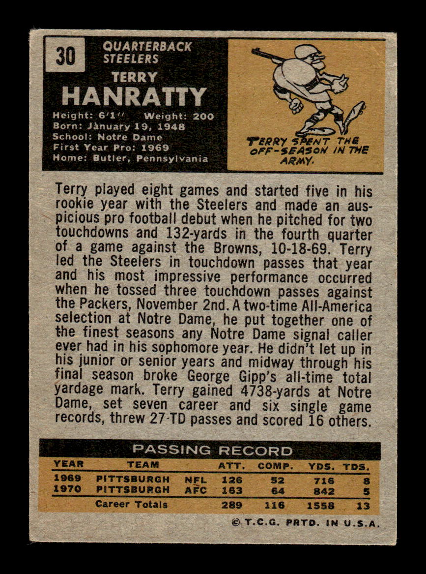 1971 Topps #30 Terry Hanratty Very Good HOF-10002571