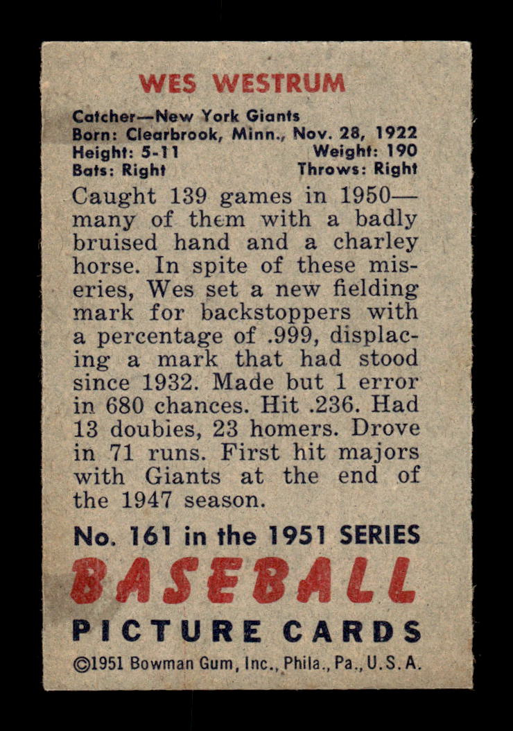 1951 Bowman #161 Wes Westrum Very Good HOF-10002675