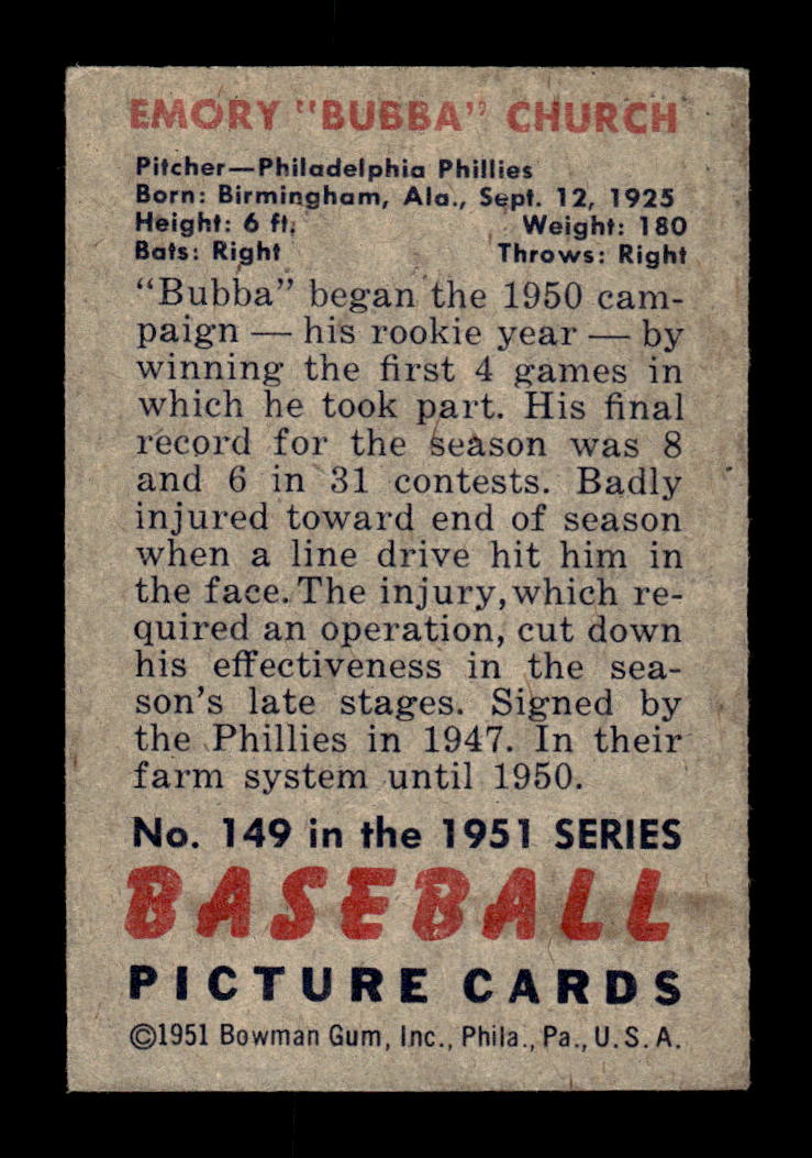 1951 Bowman #149 Bubba Church Very Good HOF-10002678