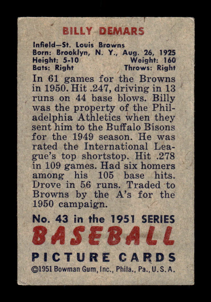 1951 Bowman #43 Billy DeMars Very Good HOF-10002679