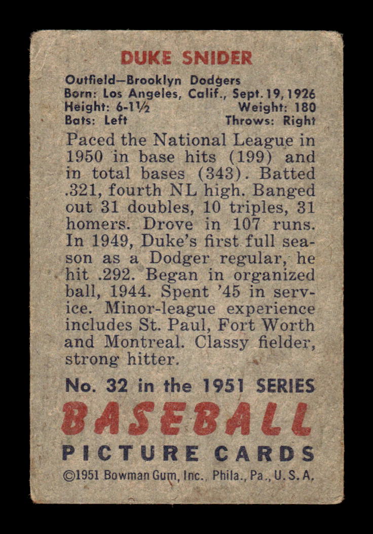 1951 Bowman #32 Duke Snider Very Good HOF-10002681