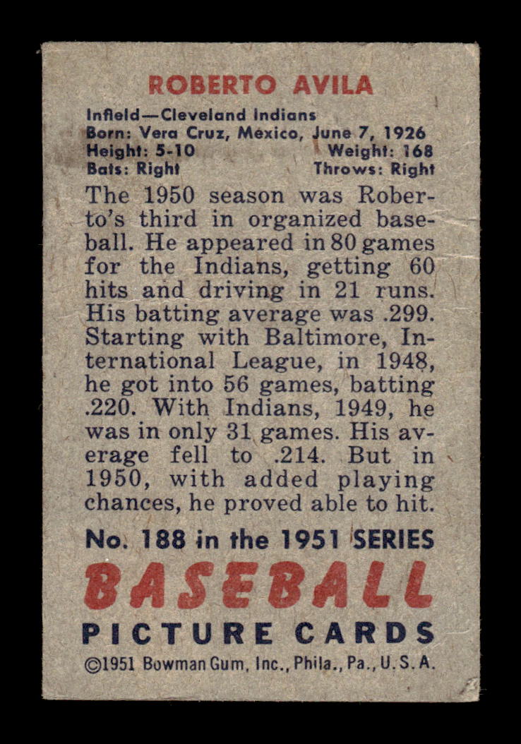 1951 Bowman #188 Roberto Avila Very Good HOF-10002684