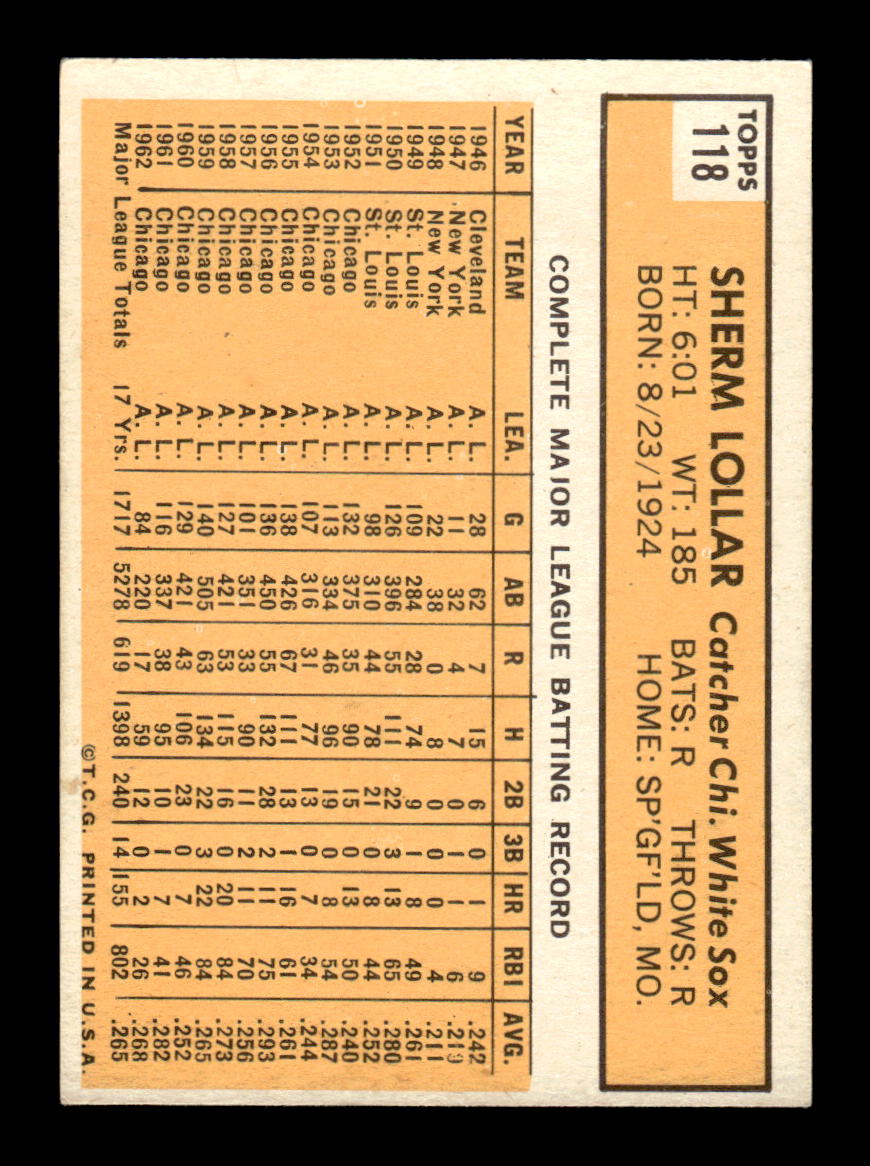 1963 Topps #118 Sherm Lollar Near Mint or Better HOF-10002792