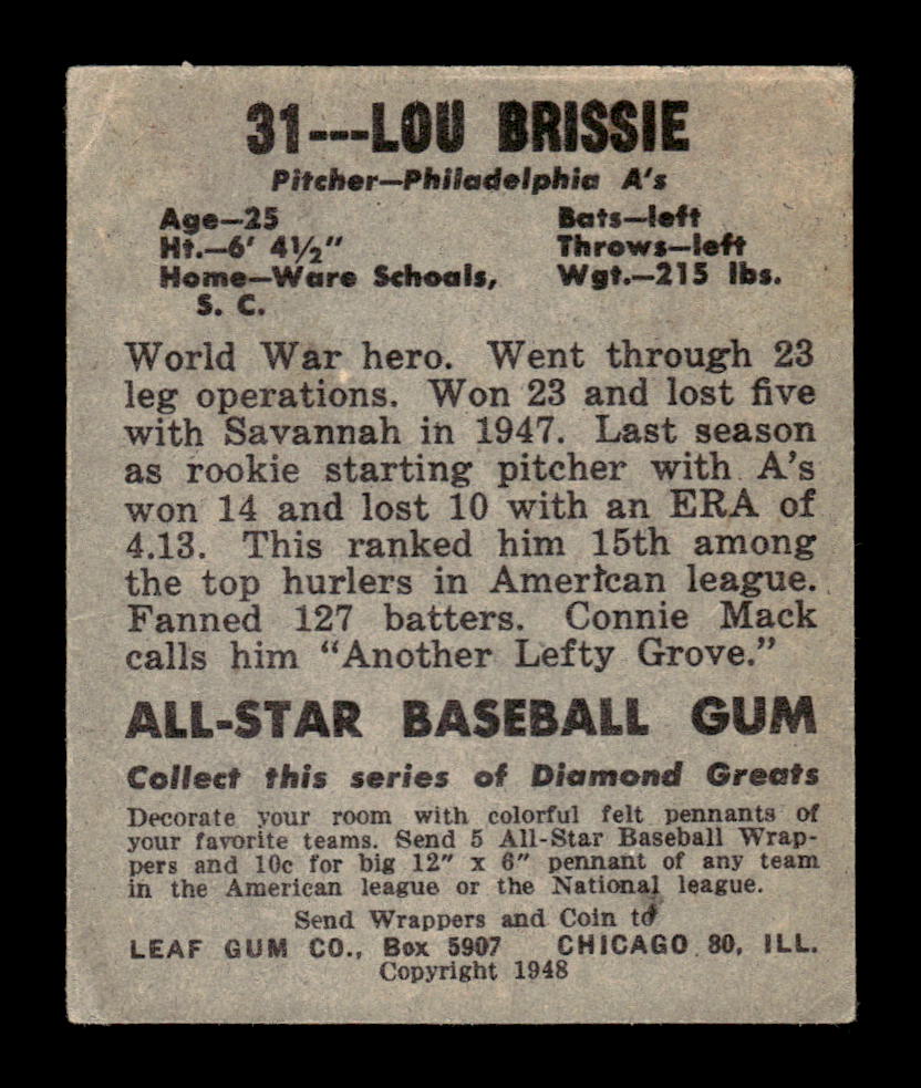 1948-49 Leaf #31 Lou Brissie Very Good HOF-10002890