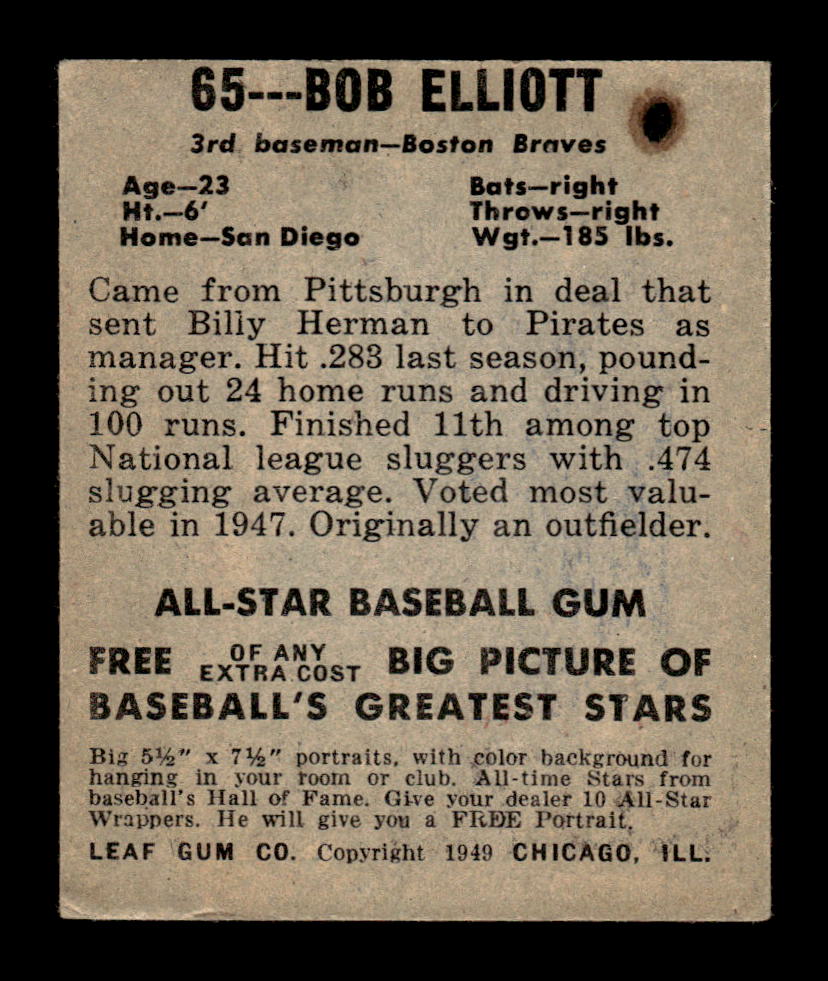 1948-49 Leaf #65 Bob Elliott Very Good HOF-10002906