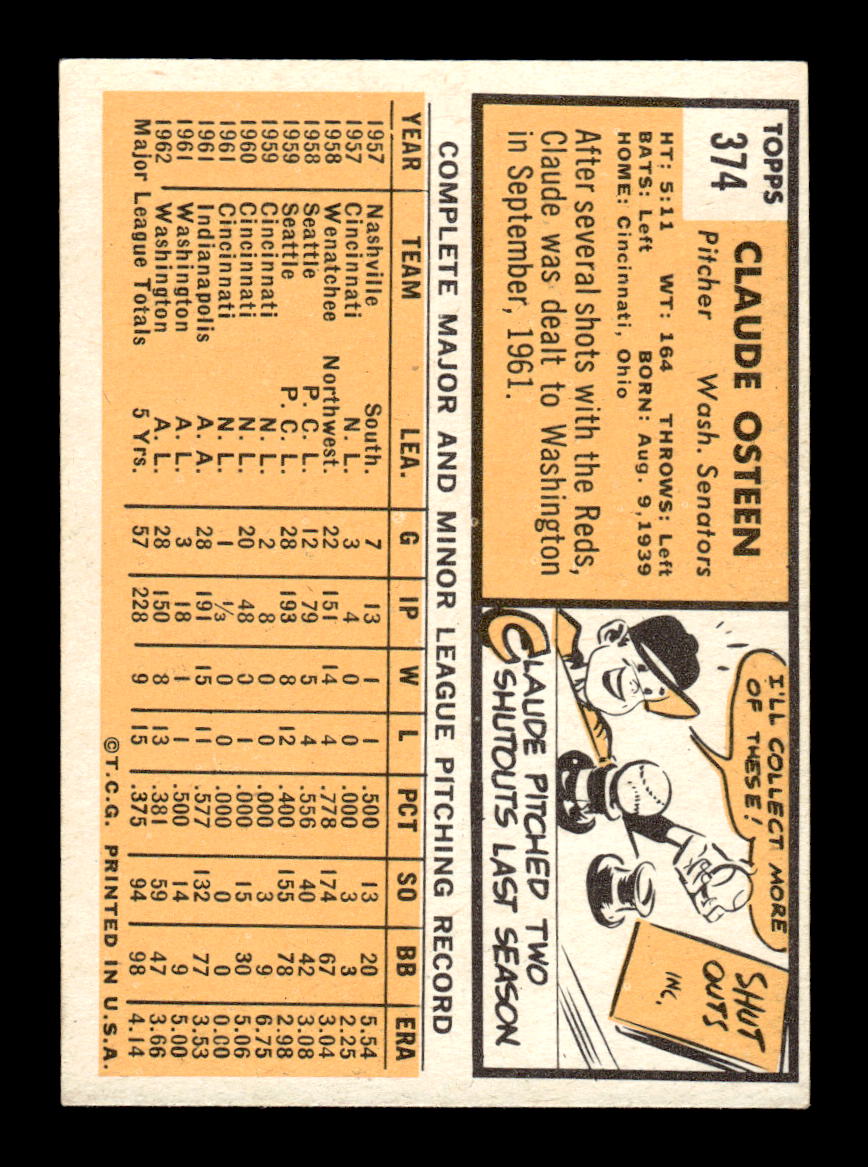 1963 Topps #374 Claude Osteen Excellent HOF-10003135