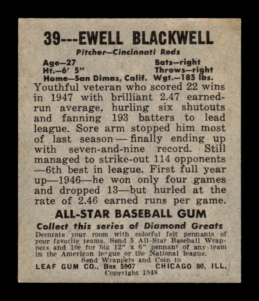 1948-49 Leaf #39 Ewell Blackwell Excellent HOF-10003154