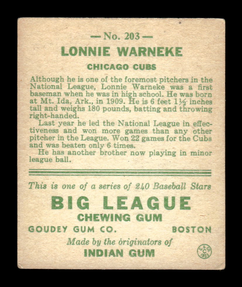1933 Goudey (R319) #203 Lonnie Warneke VG light wrinkle HOF-10003156