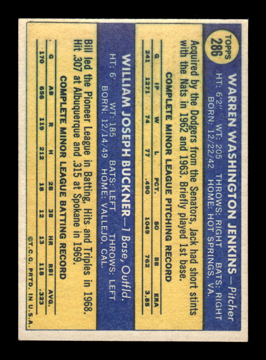 1970 Topps #286 Dodgers Rookie Stars Jack Jenkins / Bill Buckner VG HOF-10003169
