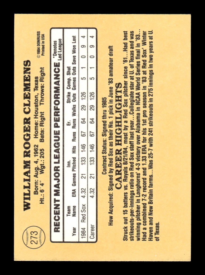 1985 Donruss #273 Roger Clemens Near Mint or Better HOF-10003183