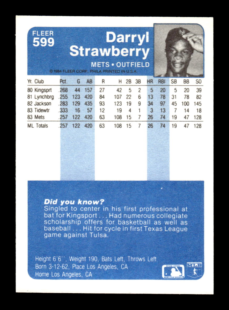 1984 Fleer #599 Darryl Strawberry Near Mint or Better HOF-10003379