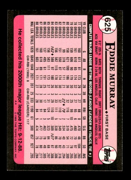 1989 Topps #625 Eddie Murray Tiffany Near Mint or Better HOF-10003510