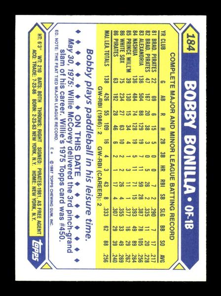 1987 Topps #184 Bobby Bonilla Collector's Edition Tiffany NM HOF-10003534