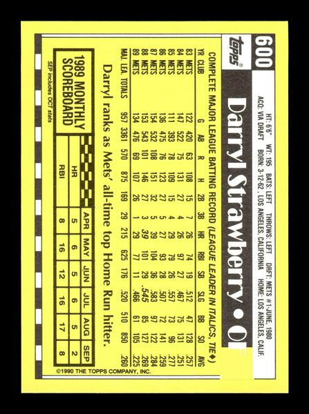 1990 Topps #600 Darryl Strawberry Collector's Edition (Tiffany) Near Mint or Better HOF-10003675