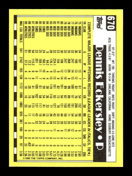 1990 Topps #670 Dennis Eckersley Collector's Edition (Tiffany) Near Mint or Better HOF-10003697
