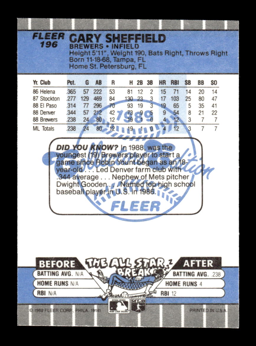 1989 Fleer #196 Gary Sheffield Glossy Near Mint or Better HOF-10003733