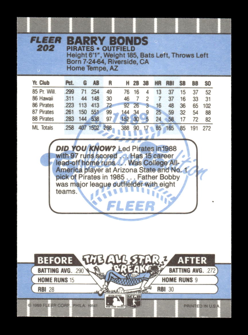1989 Fleer #202 Barry Bonds Glossy Near Mint or Better HOF-10003734