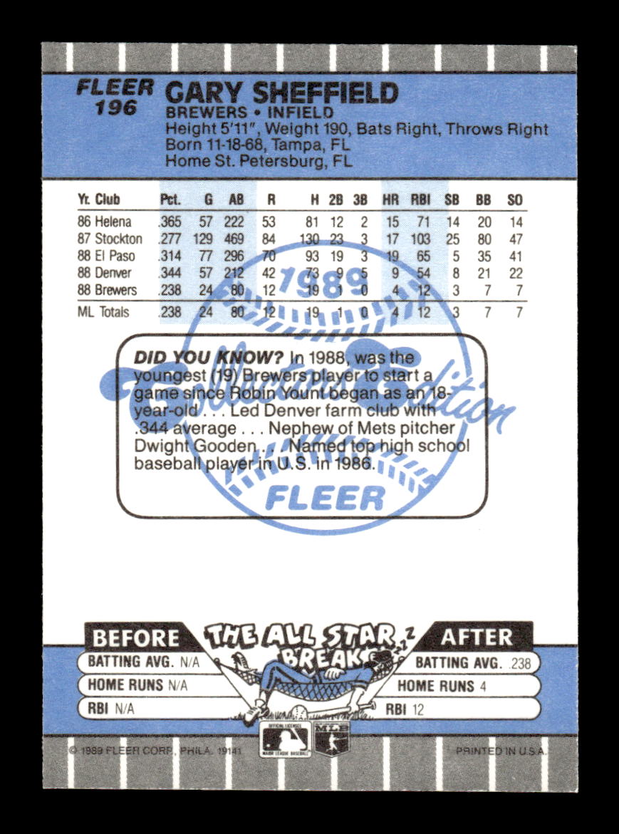 1989 Fleer #196 Gary Sheffield Glossy Excellent HOF-10003739
