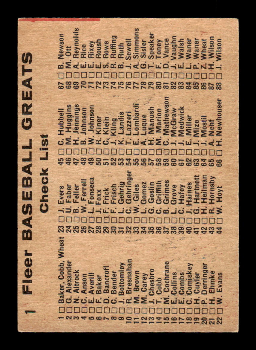 1961 Fleer Baseball Greats #1 Frank Baker / Ty Cobb / Zack Wheat VG HOF-10003742