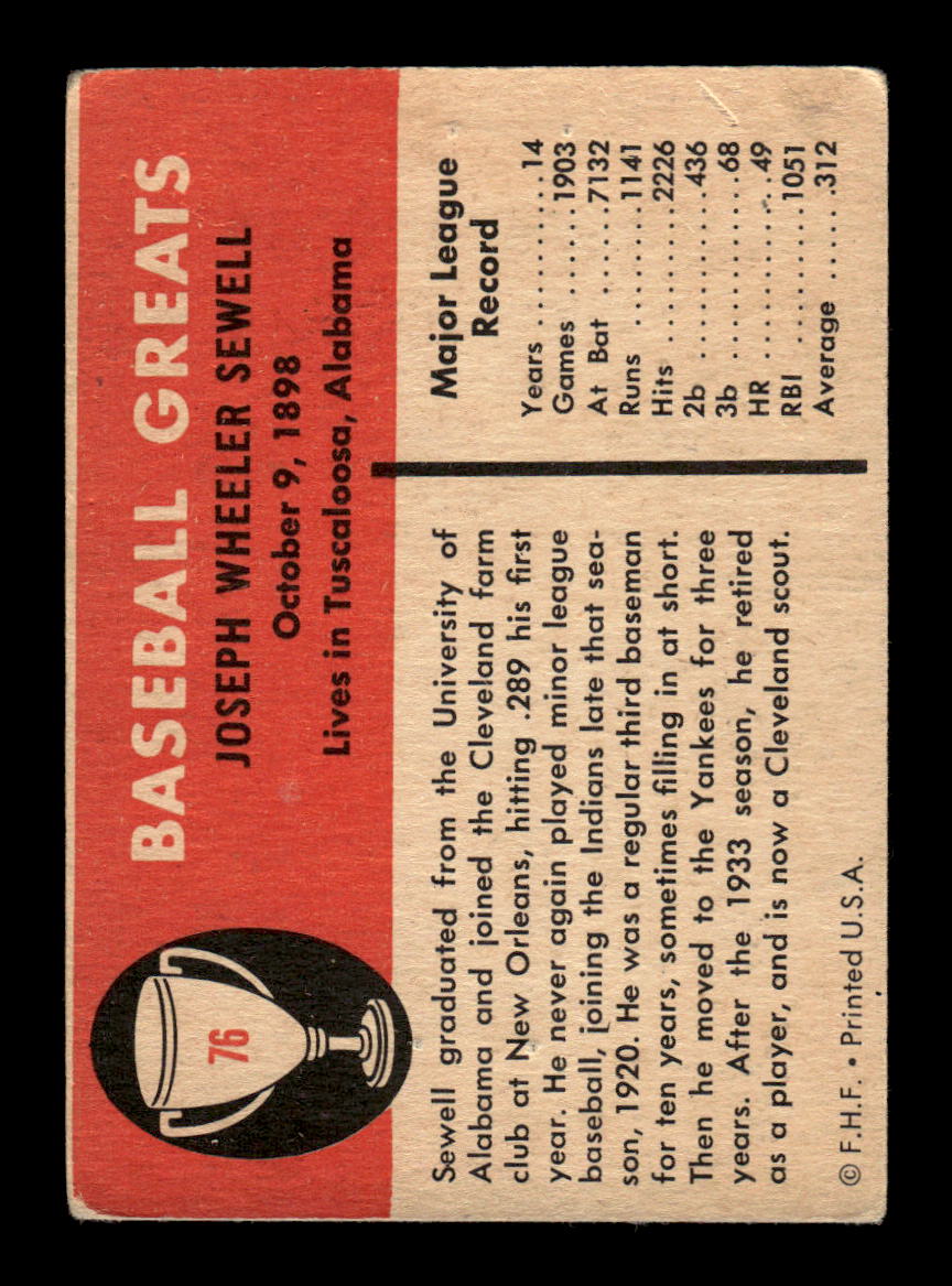 1961 Fleer Baseball Greats (F418-3) #76 Joe Sewell Very Good HOF-10003748