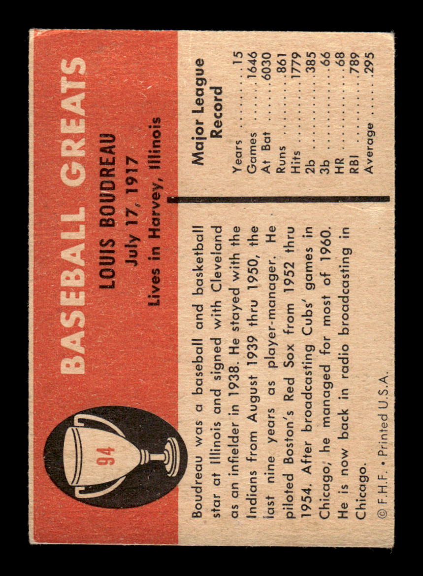 1961 Fleer Baseball Greats (F418-3) #94 Lou Boudreau Very Good HOF-10003752