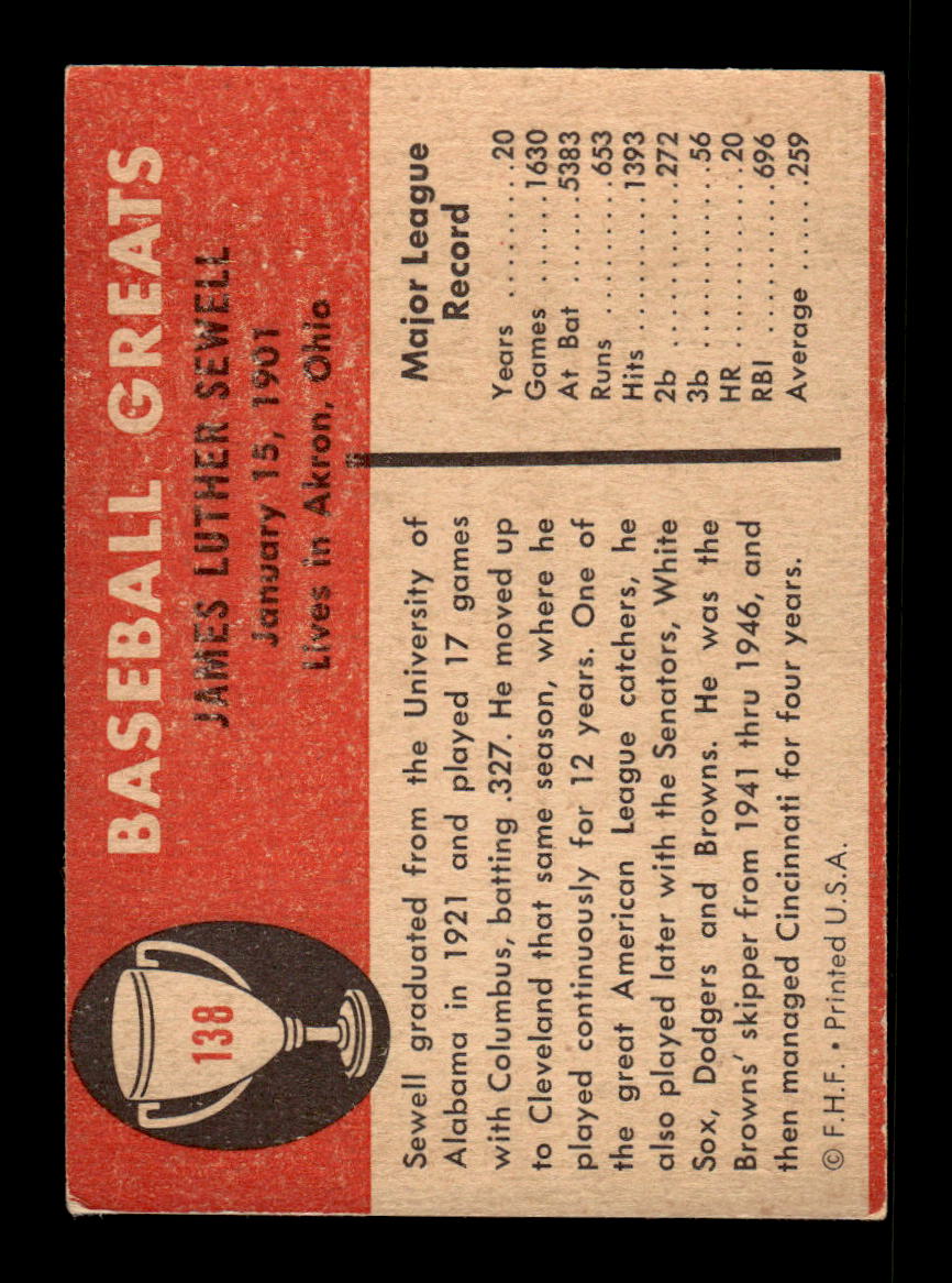 1961 Fleer Baseball Greats (F418-3) #138 Luke Sewell Very Good HOF-10003774