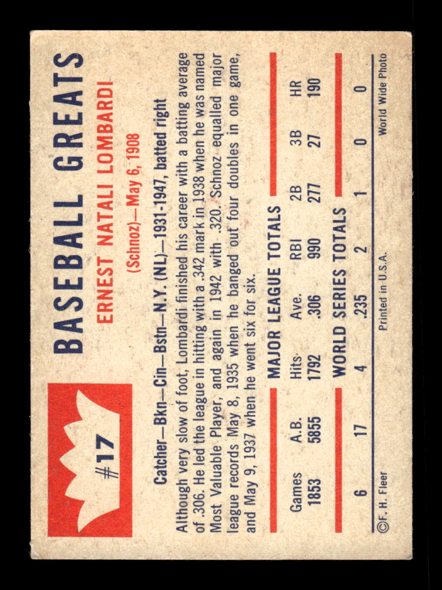 1960 Fleer Baseball Greats #17 Ernie Lombardi Very Good HOF-10003783
