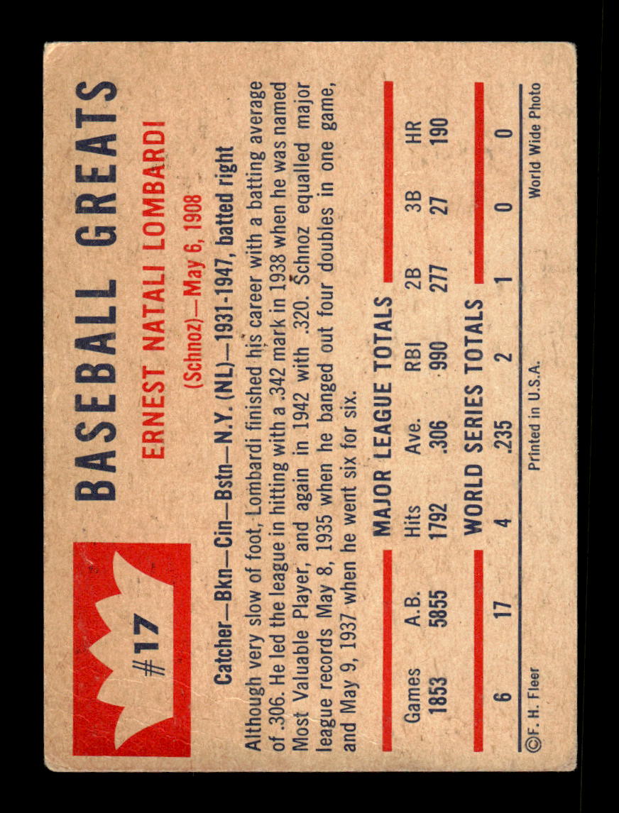 1960 Fleer Baseball Greats #17 Ernie Lombardi Very Good HOF-10003784