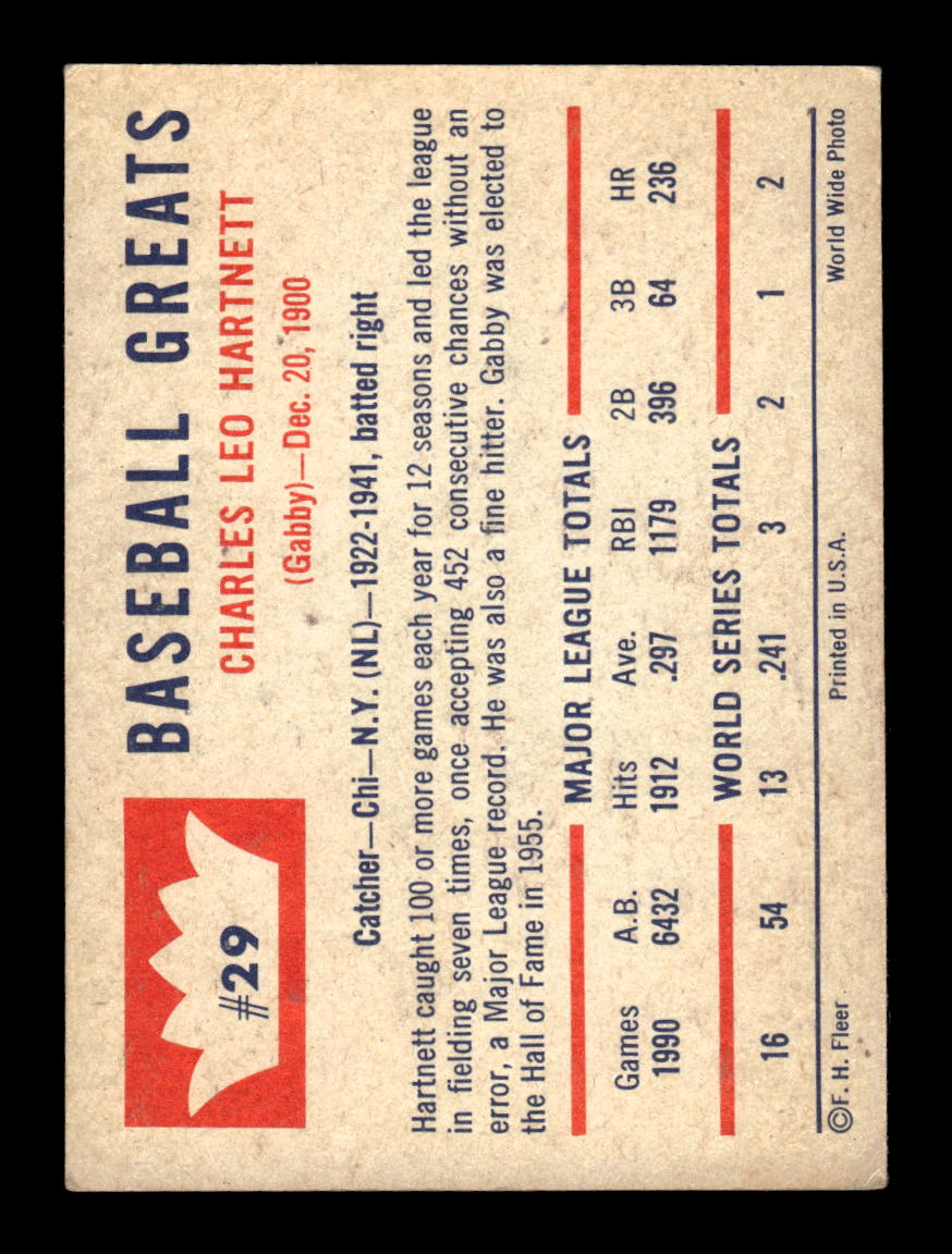 1960 Fleer Baseball Greats #29 Gabby Hartnett Very Good HOF-10003791