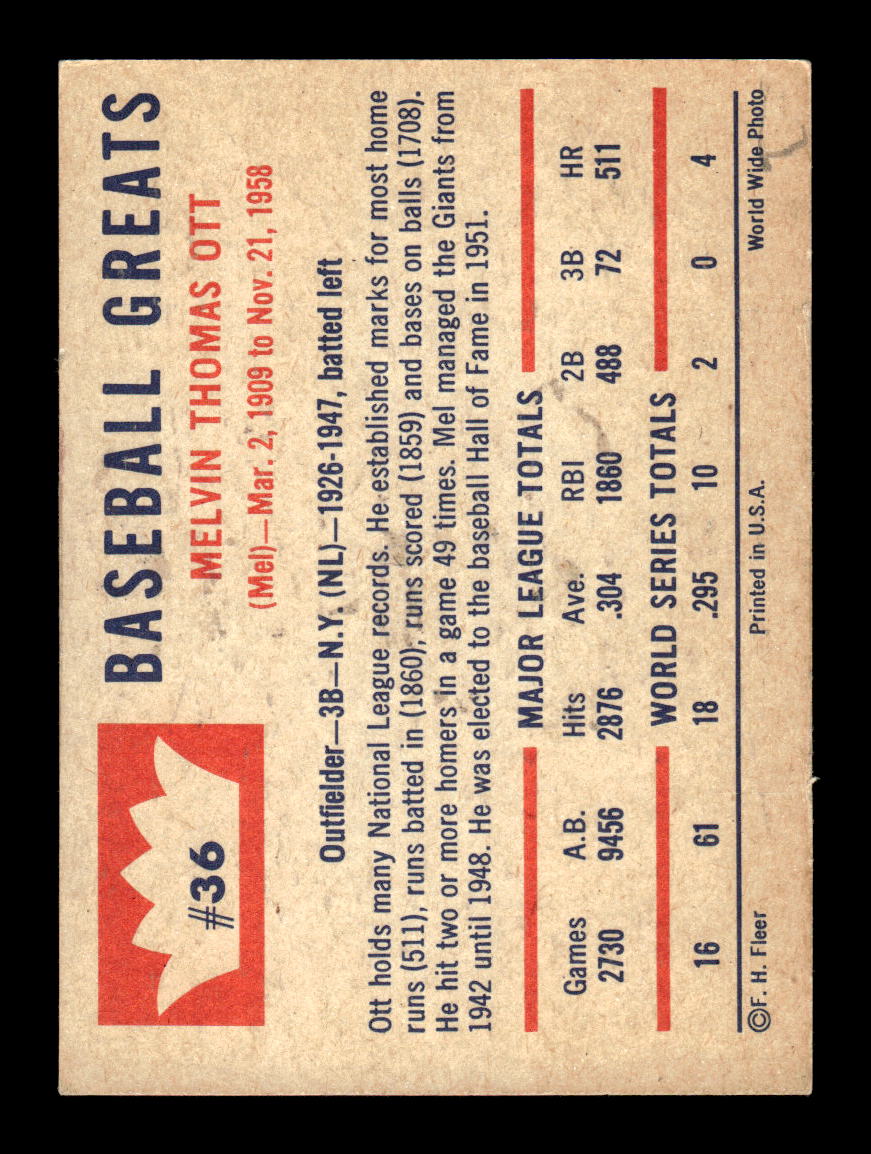 1960 Fleer Baseball Greats #36 Mel Ott Very Good HOF-10003793