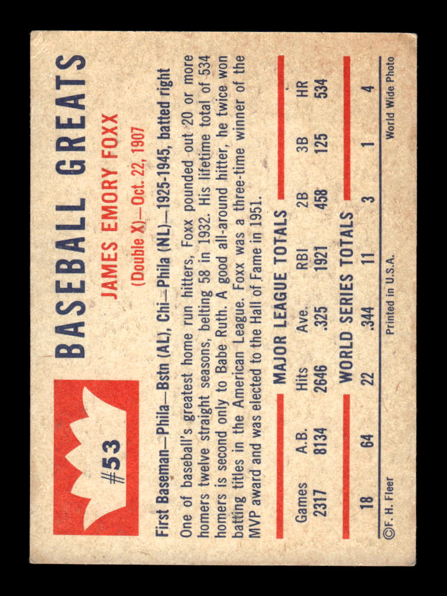 1960 Fleer Baseball Greats #53 Jimmie Foxx Very Good HOF-10003800