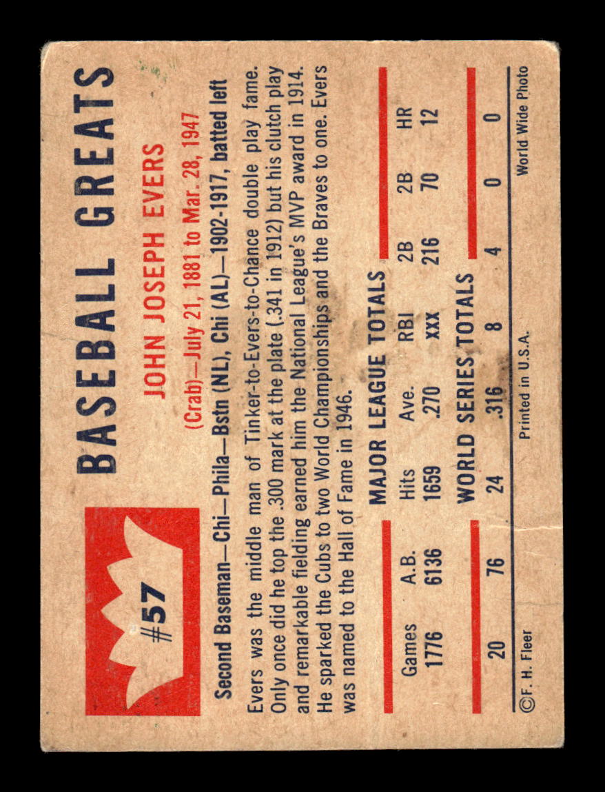 1960 Fleer Baseball Greats #57 Johnny Evers Very Good HOF-10003803