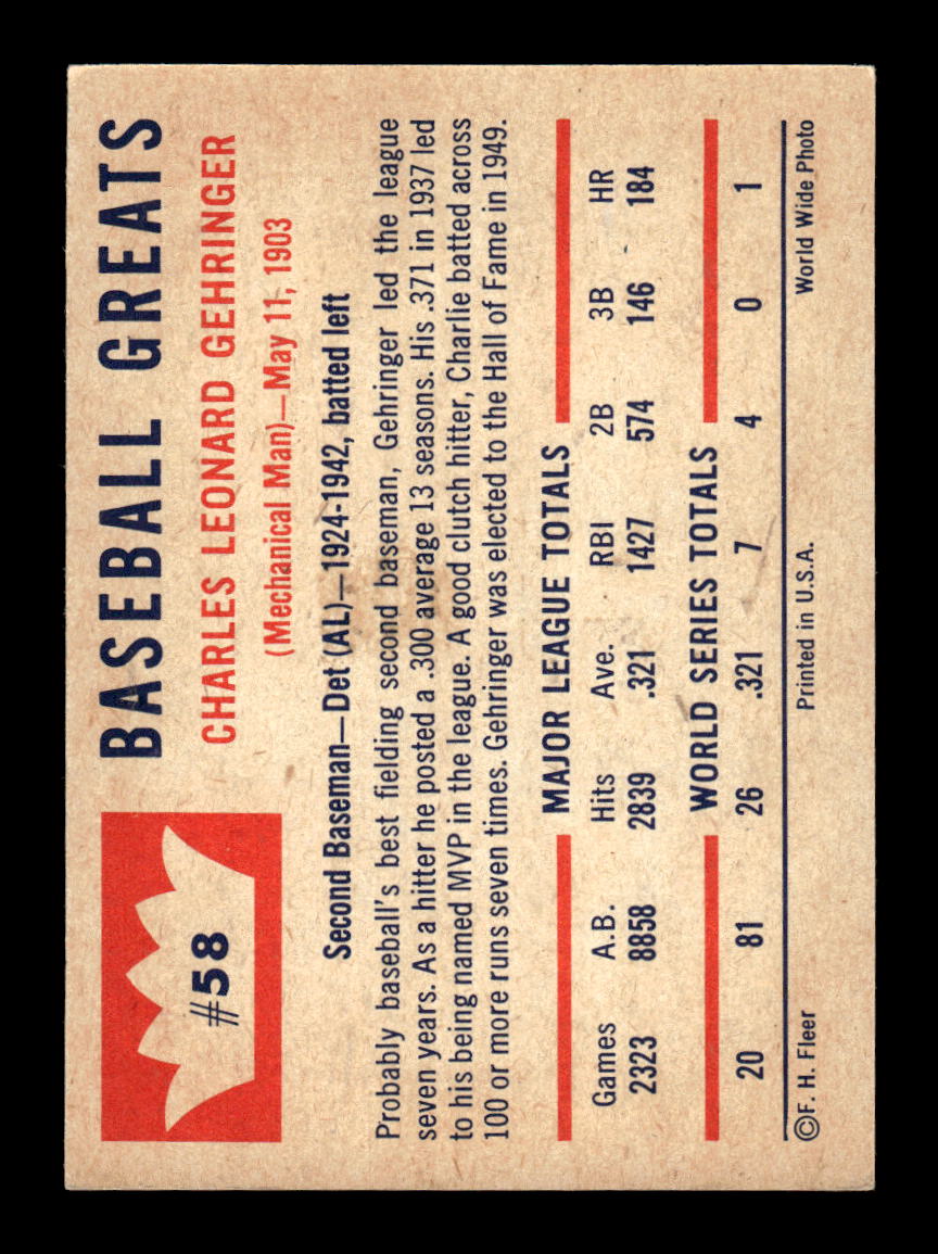 1960 Fleer Baseball Greats #58 Charlie Gehringer Very Good HOF-10003804