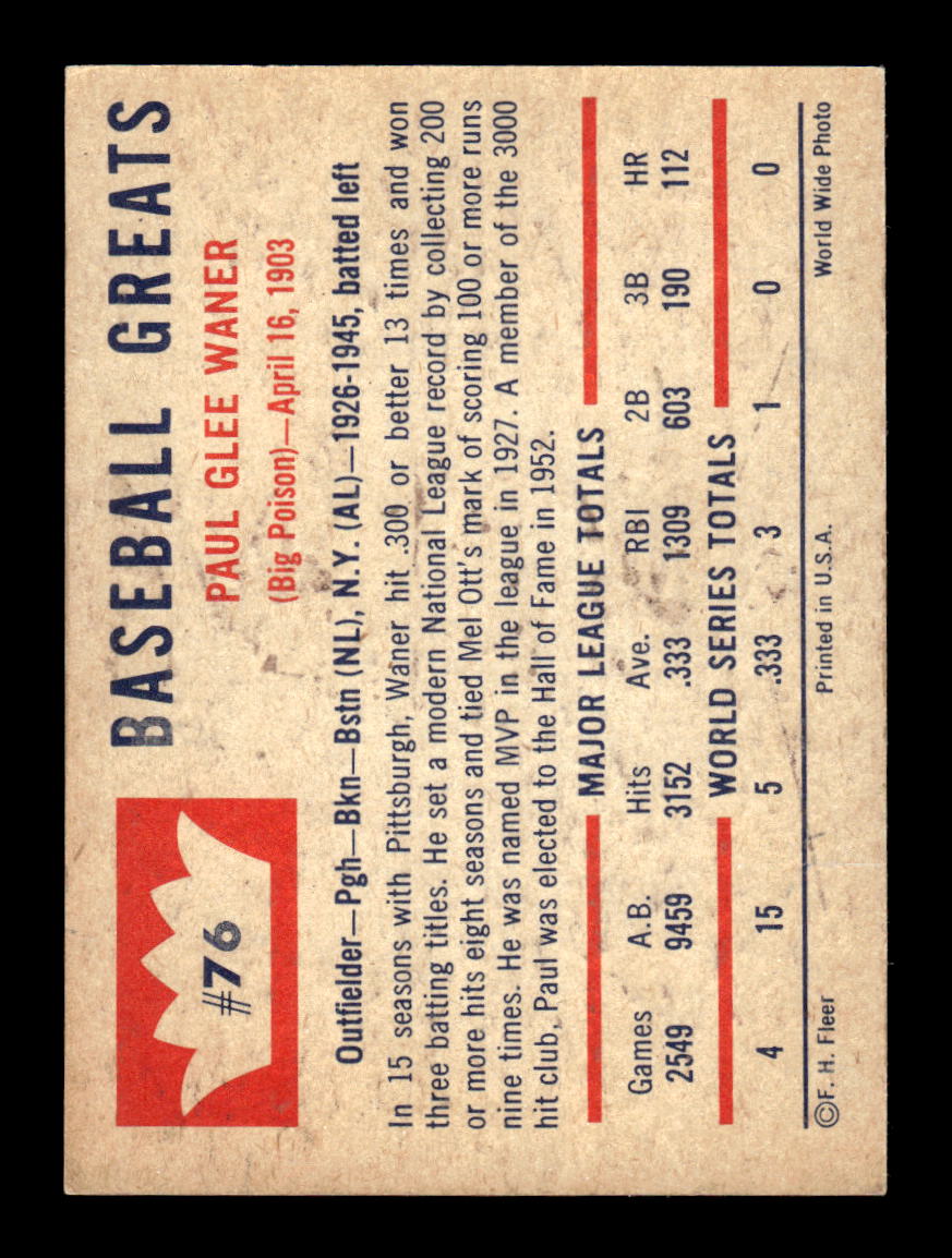 1960 Fleer Baseball Greats #76 Paul Waner Very Good HOF-10003809