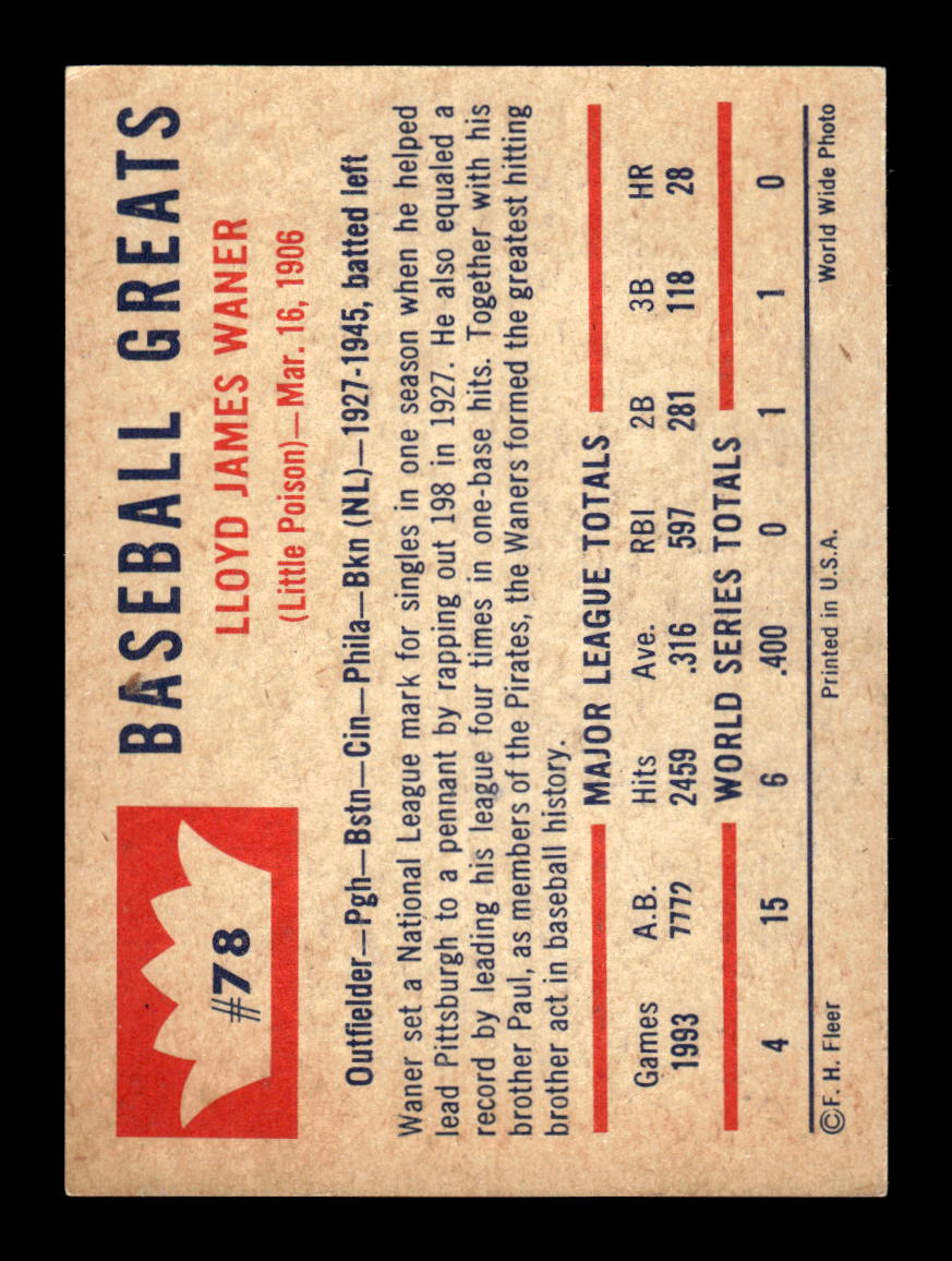1960 Fleer Baseball Greats #78 Lloyd Waner Very Good HOF-10003810