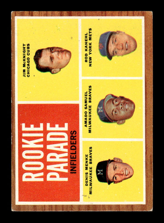 1962 Topps #597 Rookie Parade Infielders (Jim McKnight / Denis Menke / Amado Samuel / Rod Kanehl) RP, RC, SP Excellent HOF-10003821