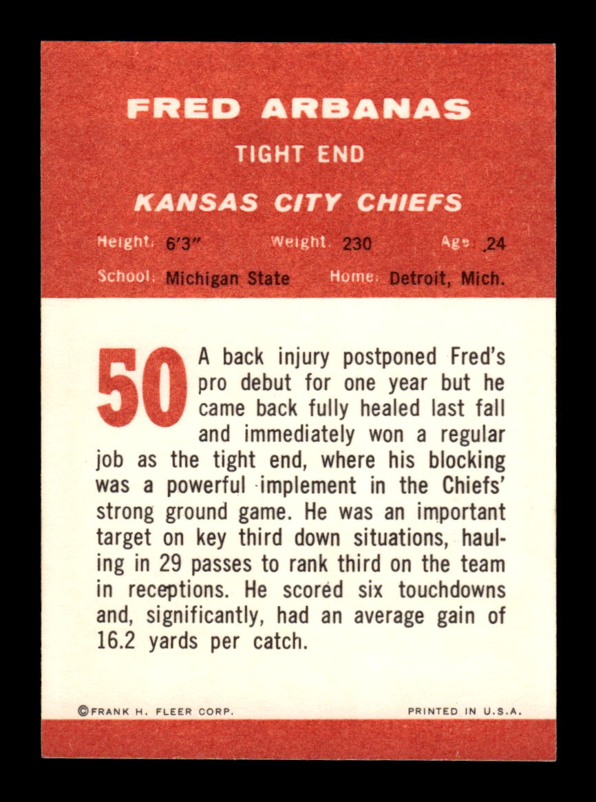 1963 Fleer #50 Fred Arbanas Pack Fresh Near Mint or Better HOF-10003855