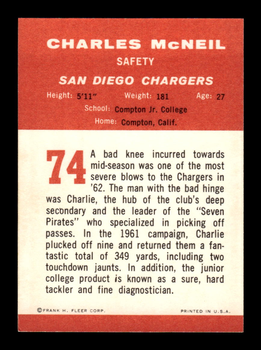 1963 Fleer #74 Charles McNeil Pack Fresh Near Mint or Better HOF-10003859
