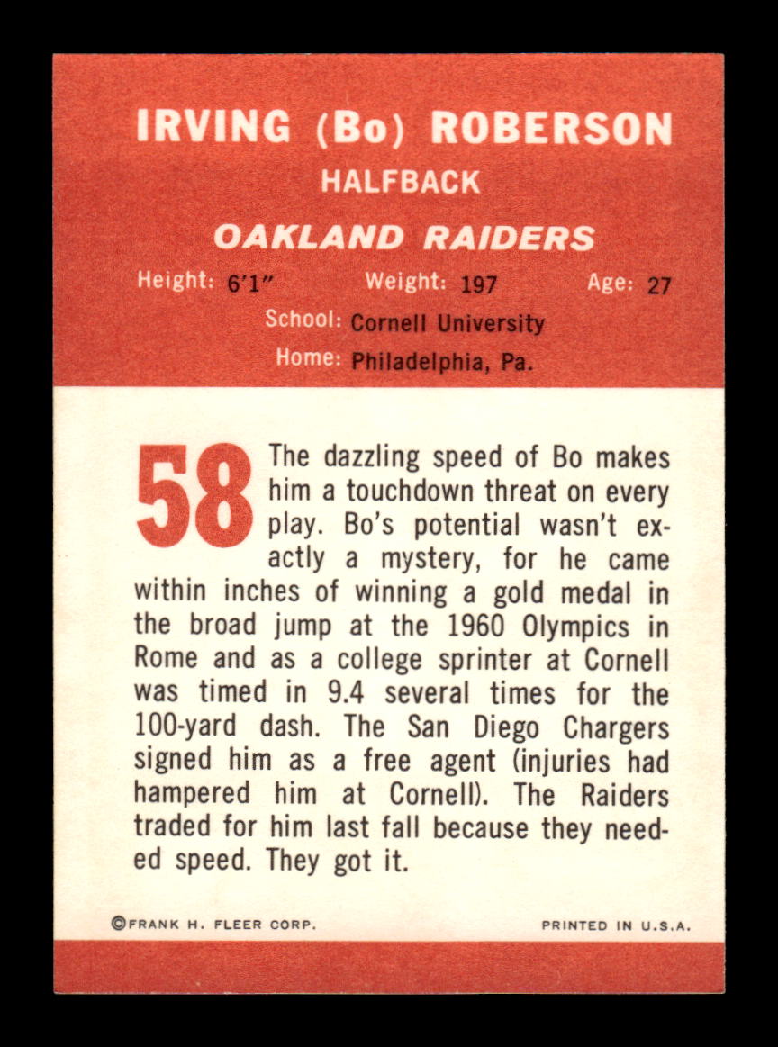 1963 Fleer #58 Bo Roberson Pack Fresh Near Mint or Better HOF-10003862