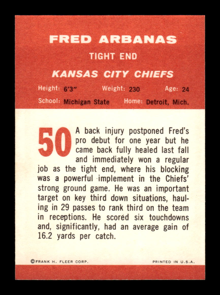 1963 Fleer #50 Fred Arbanas Pack Fresh Near Mint or Better HOF-10003865
