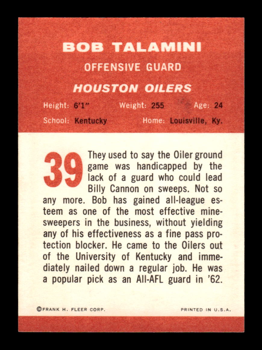 1963 Fleer #39 Bob Talamini Pack Fresh Near Mint or Better HOF-10003869