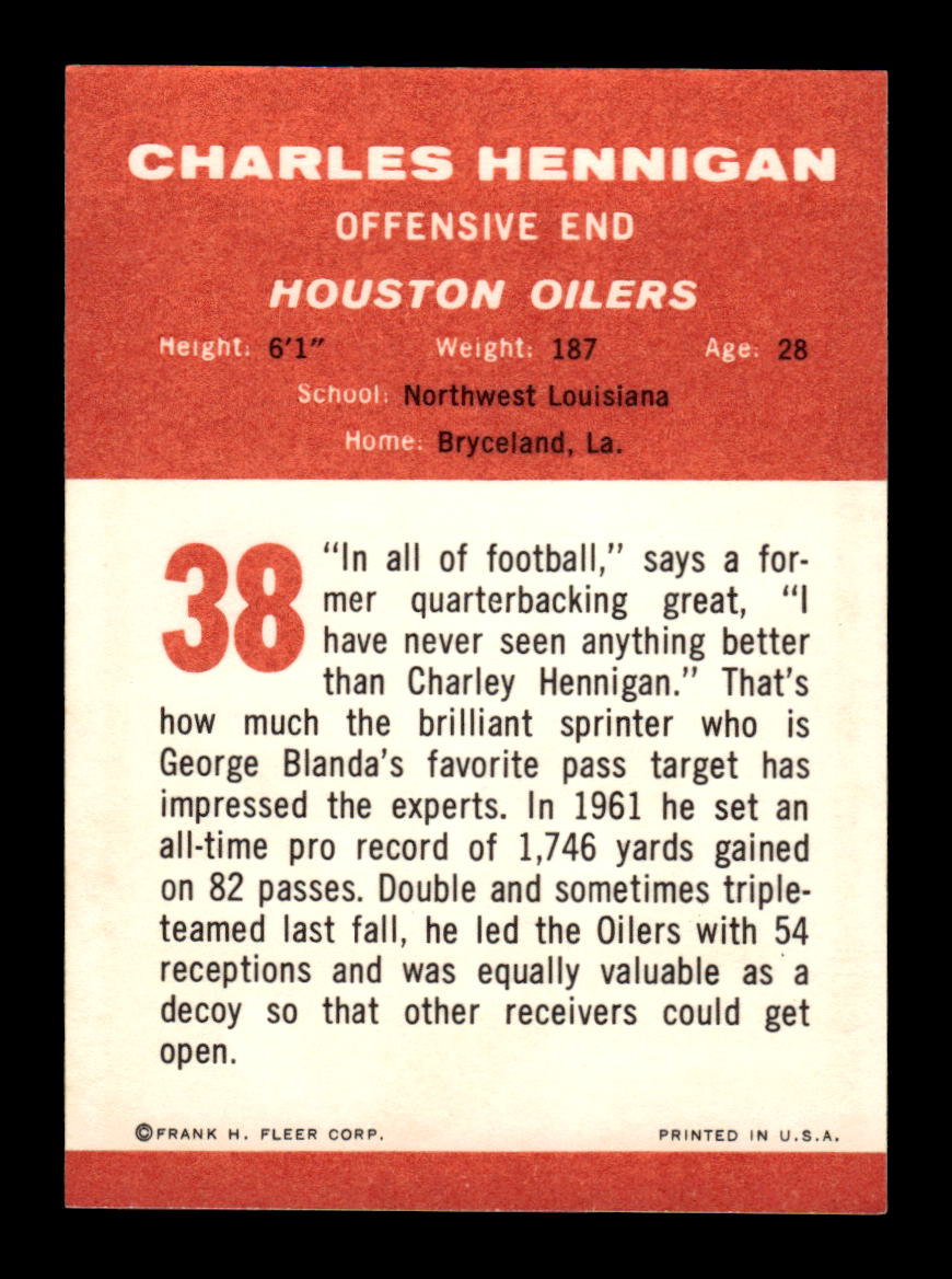 1963 Fleer #38 Charles Hennigan Pack Fresh Near Mint or Better HOF-10003870