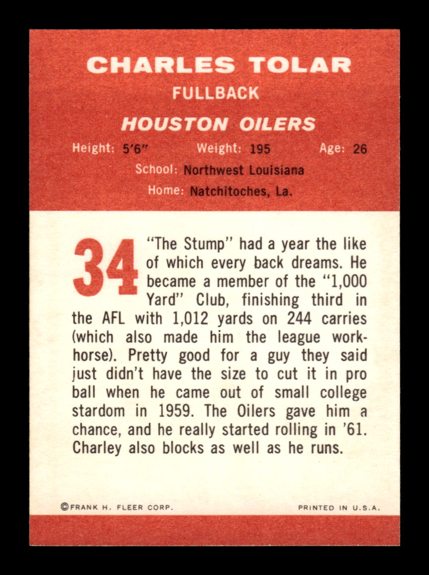 1963 Fleer #34 Charles Tolar Pack Fresh Near Mint or Better HOF-10003871