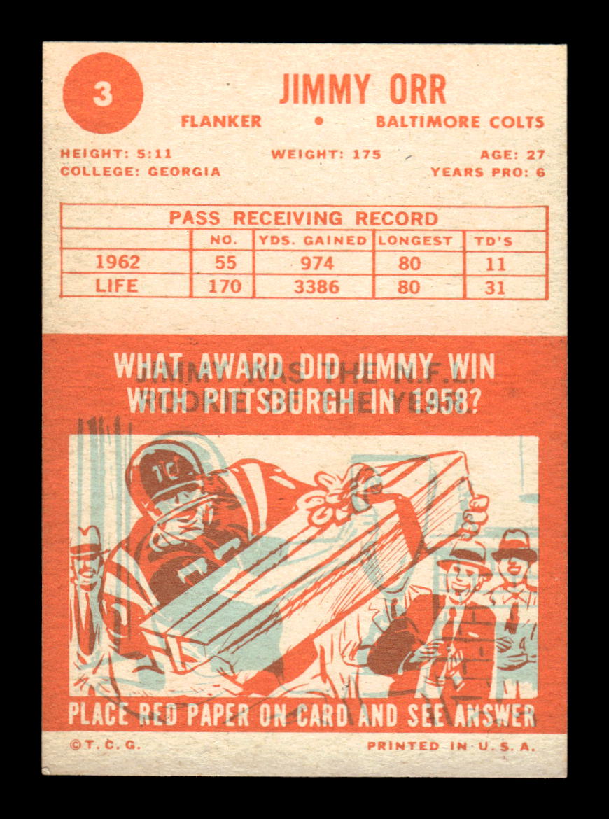 1963 Topps #3 Jimmy Orr Pack Fresh Near Mint or Better HOF-10003882