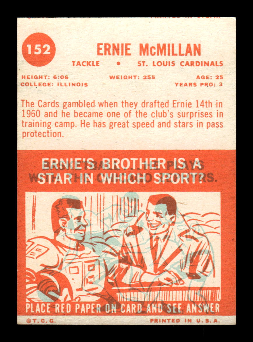 1963 Topps #152 Ernie McMillan Pack Fresh Near Mint or Better HOF-10003884