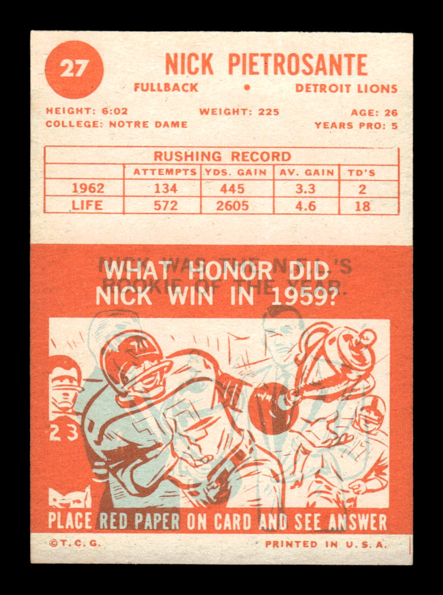 1963 Topps #27 Nick Pietrosante Pack Fresh Near Mint or Better HOF-10003891