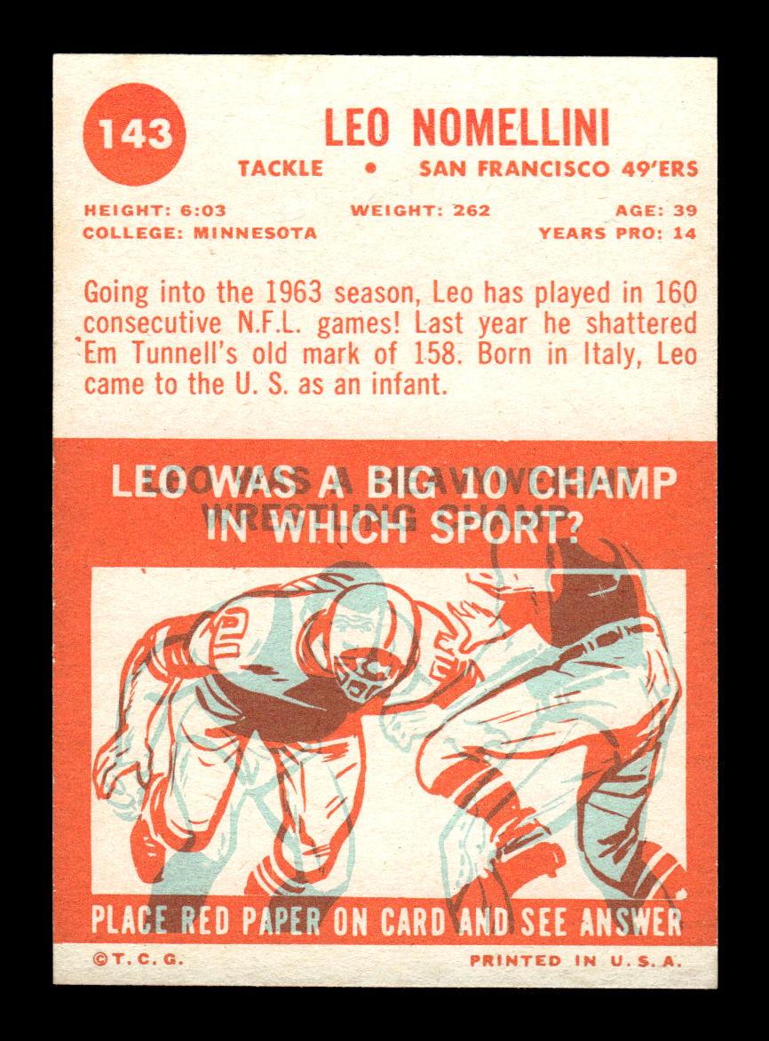 1963 Topps #143 Leo Nomellini Pack Fresh Near Mint or Better HOF-10003900