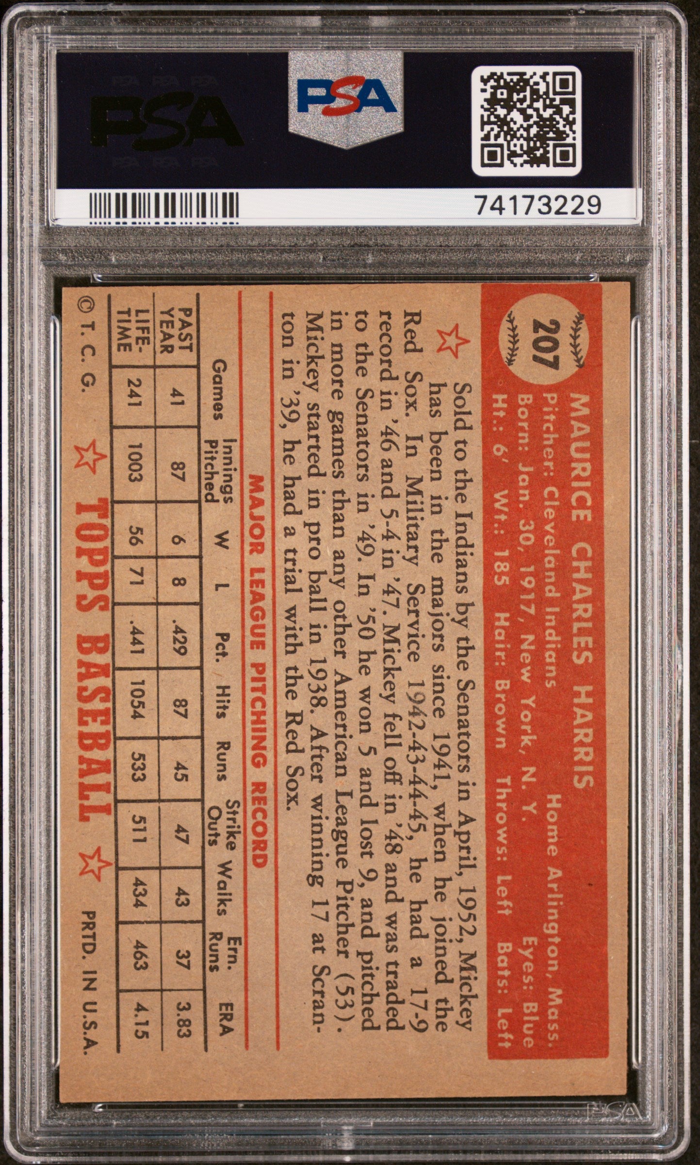 1952 Topps #207 Mickey Harris PSA 5 SN 74173229