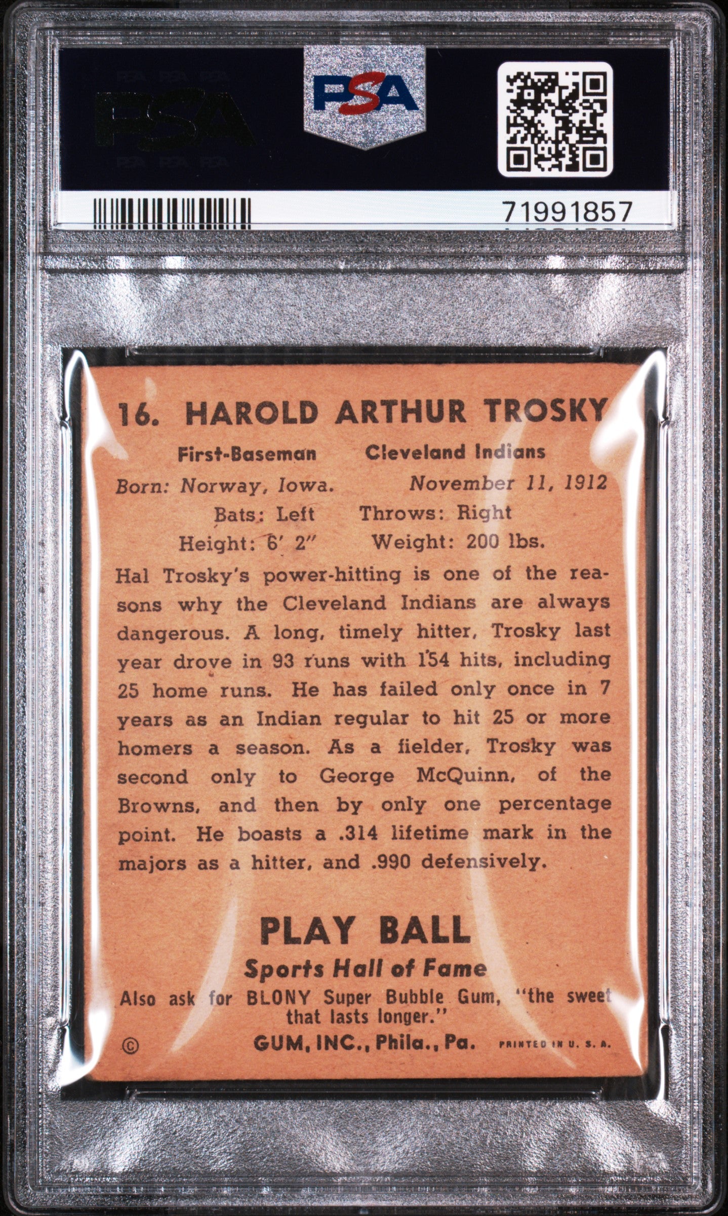1941 Play Ball #16 Hal Trosky PSA 3 SN 71991857